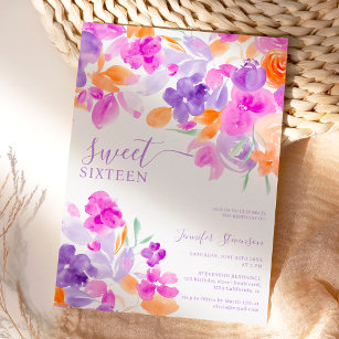 Invitation Romantique pastel violet orangé fleuri Sweet 16