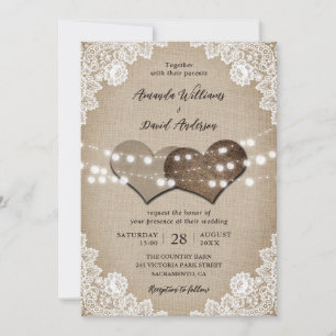 Invitation Romantique Pays Burlap Lights Floral Mariage dente