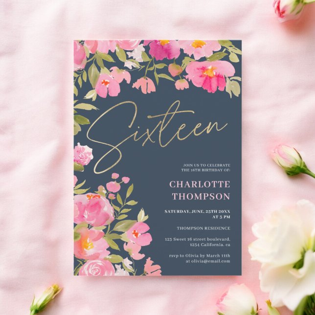 Invitation Romantique Peint rose Floral bleu sucré 16 (Romantic Painted Pink Floral blue Sweet 16 Invitation)