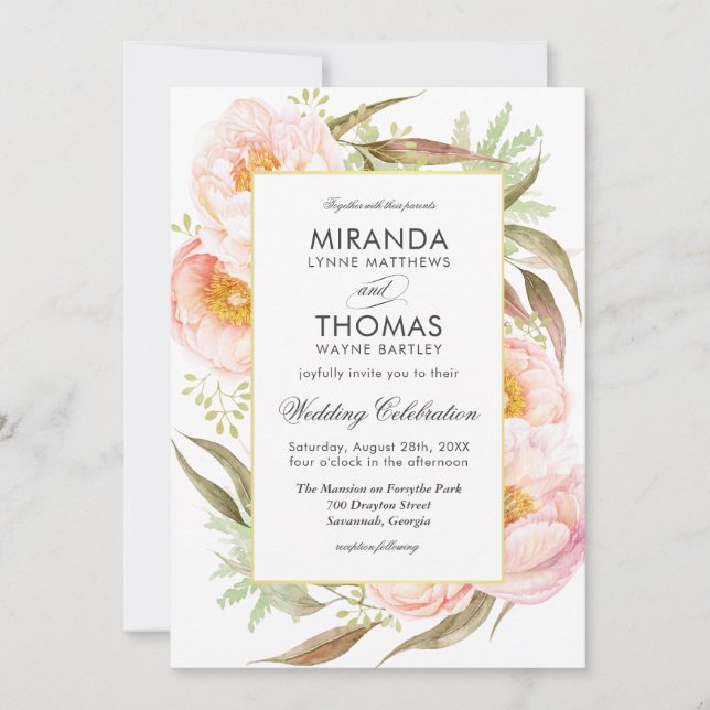 Invitation Romantique Peonies rose Aquarelle Mariage Floral (Devant)