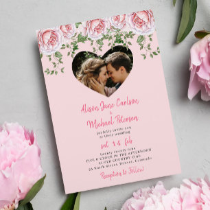 Invitation Romantique photo coeur rose floral mariage