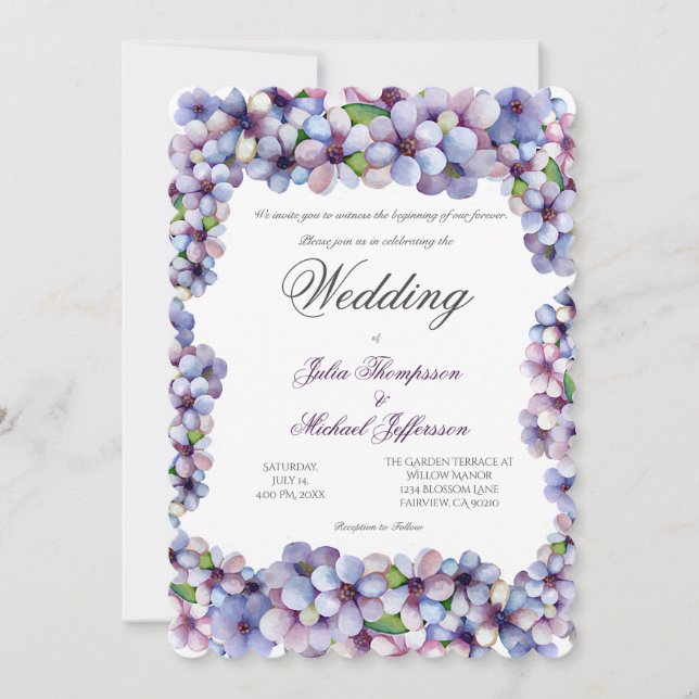 Invitation Romantique Poétique Lilac Aquarelle Mariage Floral (Devant)