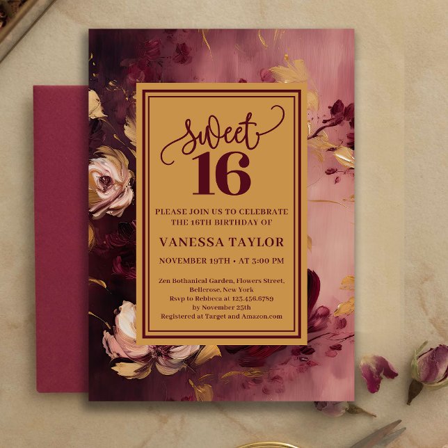 Invitation romantique pour un Sweet Seize en borde (Romantic Sweet Sixteen Burgundy Blush Gold Invite)