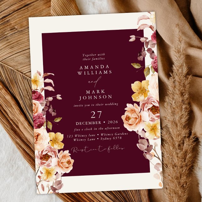 Invitation Romantique Profond Floral Élégant Mariage Bourguig (Créateur téléchargé)