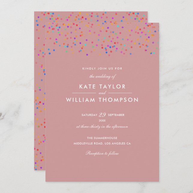 Invitation Romantique Rainbow Confetti Dusty Mariage Rose (Devant / Derrière)