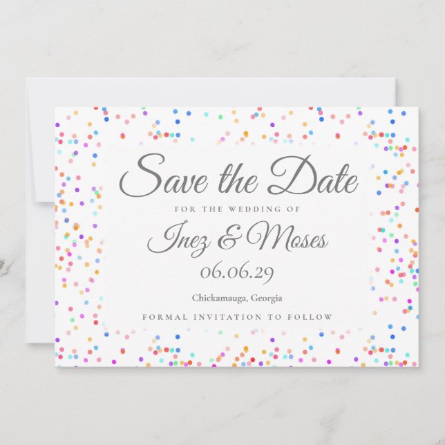 Invitation Romantique Rainbow Confetti Sauvez la date (Devant)