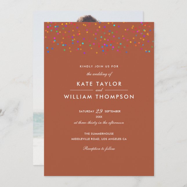 Invitation Romantique Rainbow Confetti Terracotta Mariage pho (Devant / Derrière)