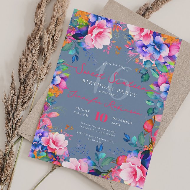 Invitation Romantique Rainbow Garden Floral Sweet 16 Dusty Bl (Romantic Rainbow Garden Floral Sweet 16 Dusty Blue Invitation)
