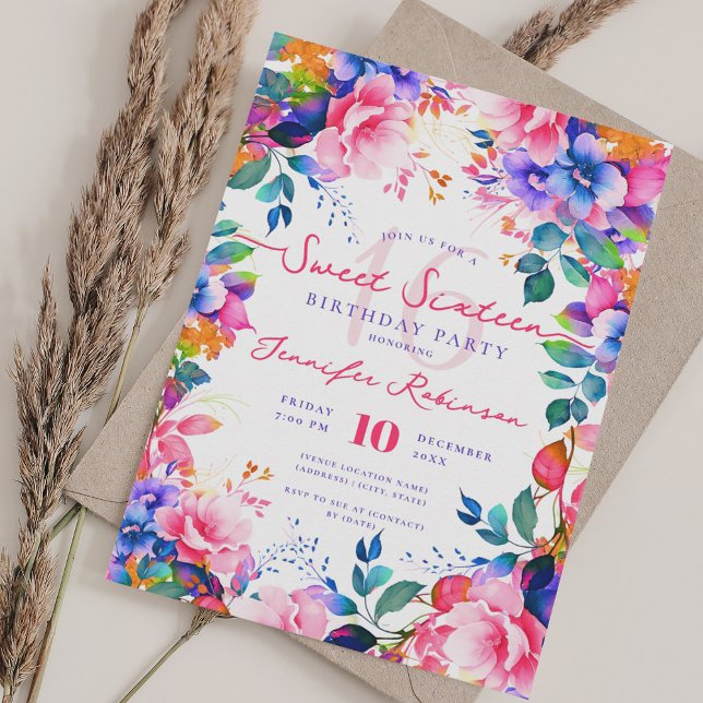 Invitation Romantique Rainbow Garden Floral Sweet 16 Party (Romantic Rainbow Garden Floral Sweet 16 Party Invitation)