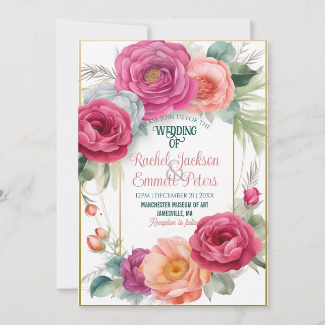 Invitation Romantique Ranunculus Mariage Cadre de verdure fle (Devant)