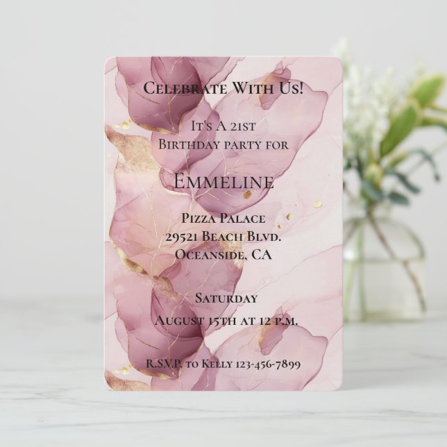 Invitation Romantique Rose Blush Pink Gold Leaf anniversaire (Debout devant)