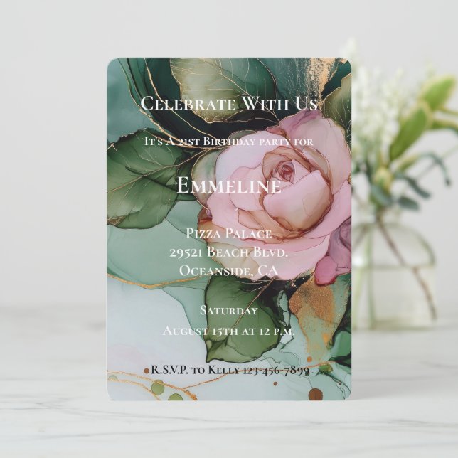 Invitation Romantique Rose Blush Rose or Floral Anniversaire (Debout devant)