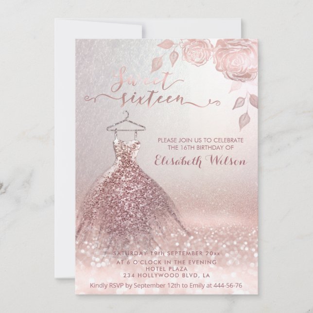 Invitation Romantique Rose d'or glitrobe roses (Devant)
