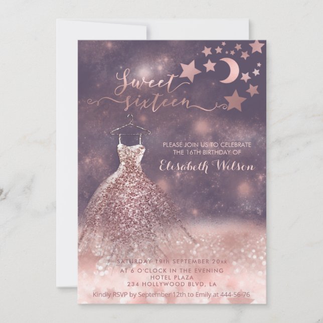 Invitation Romantique Rose d'or glitterie robe céleste Invita (Devant)