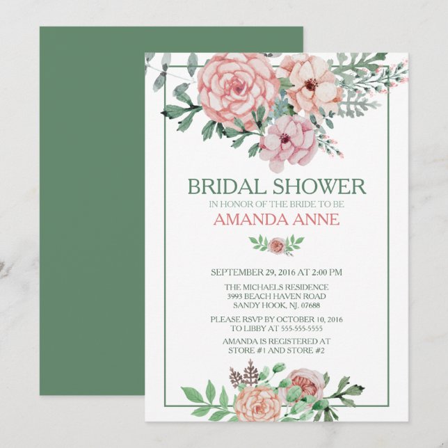 Invitation Romantique Rose Floral Douche nuptiale (Devant / Derrière)