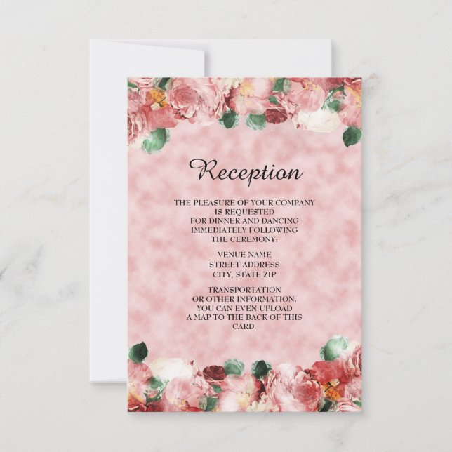 Invitation Romantique rose Floral Mariage Réception invitatio (Devant)