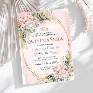 Invitation Romantique Rose Gold Floral Végétal Quinceañera  