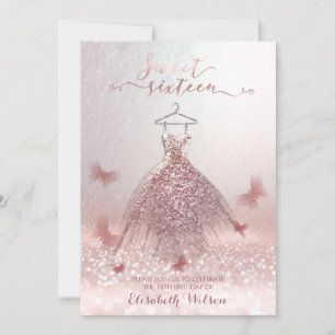 Invitation Romantique Rose or gliterie robe papillon