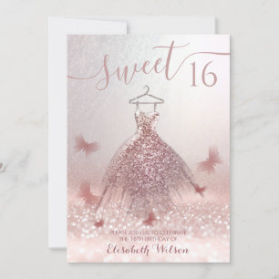 Invitation Romantique Rose or gliterie robe papillon Invita