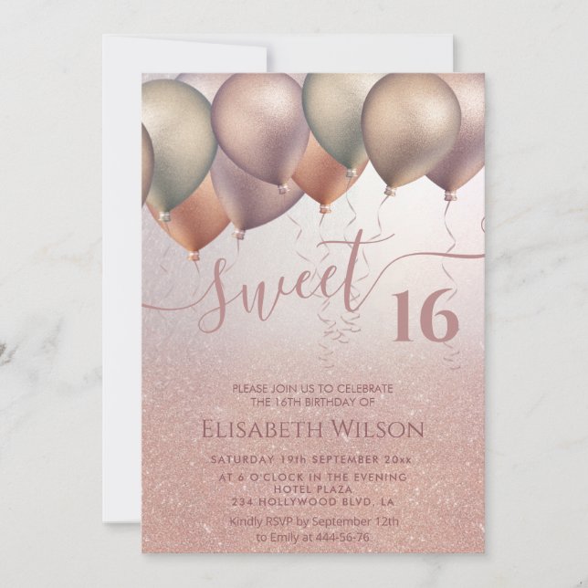 Invitation Romantique Rose or gliton ombre ballon (Devant)