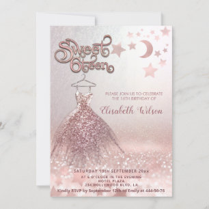 Invitation Romantique Rose or glitterie robe céleste