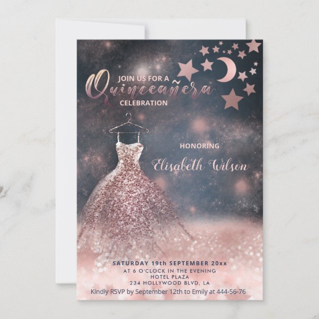 Invitation Romantique Rose or glitterie robe céleste (Devant)