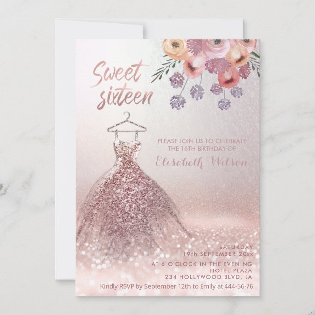 Invitation Romantique Rose or glitterie robe florale Invitati (Devant)