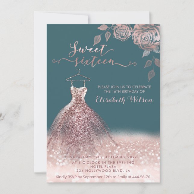 Invitation Romantique Rose or glitterie robe roses Invitatiat (Devant)