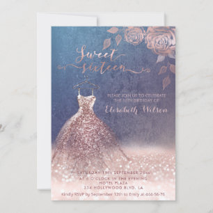 Invitation Romantique Rose or glitterie robe roses Invitatiat