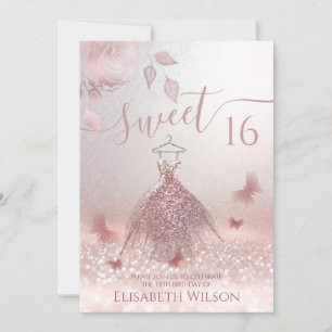 Invitation Romantique Rose or glittery ombre robe papillon