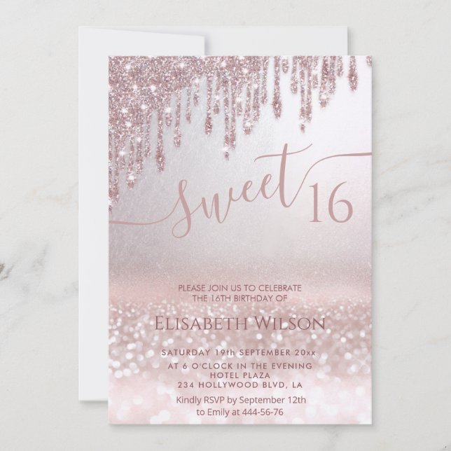 Invitation Romantique Rose or glitzer ombre photo papillon (Devant)