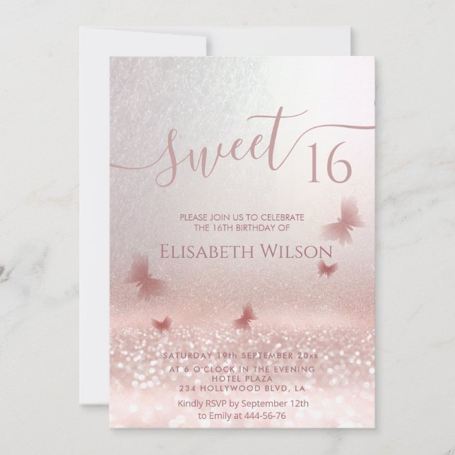 Invitation Romantique Rose or glitzer ombre photo papillon (Devant)