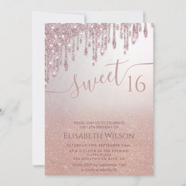Invitation Romantique Rose or glitzer ombre photo papillon (Devant)