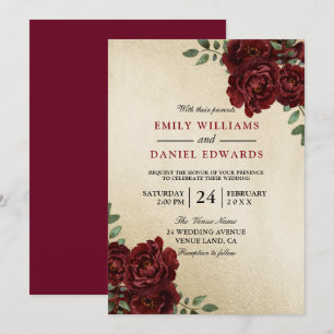Invitation Romantique Rose rouge Bourgogne Golden Elegant Mar