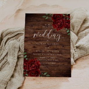 Invitation Romantique Rose rouge Rustique Mariage en bois