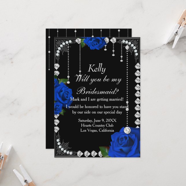 Invitation Romantique Roses Bleus Et Diamants Bridesmaid (Devant/Arrière en situation)