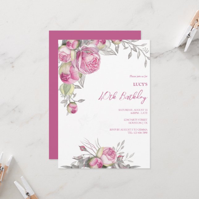 Invitation Romantique Roses Rose Décoration Anniversaire Fête (Devant/Arrière en situation)