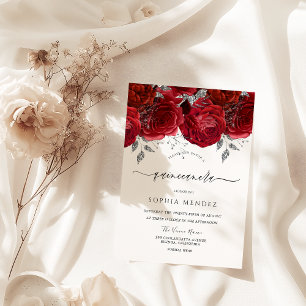 Invitation Romantique Roses Rouges Argent Feuille Quinceanera