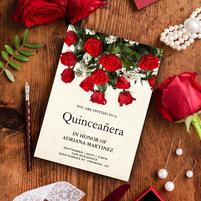 Invitation Romantique Roses Rouges Bouquet Quinceanera (Créateur téléchargé)