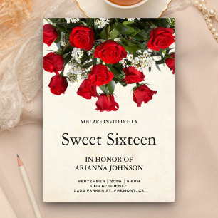 Invitation Romantique Roses Rouges Bouquet Sweet sixteen
