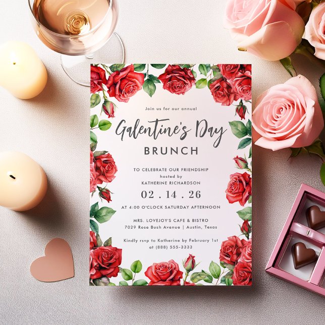 Invitation Romantique Roses Rouges Floral Galentine's Day Bru (Créateur téléchargé)