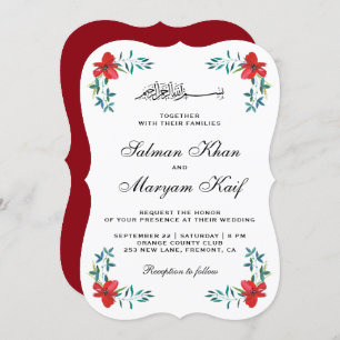 Invitation Romantique Rouge peint Fleurs Mariage musulman