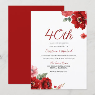 Invitation Romantique Rouge Rubis Floral 40e Anniversaire