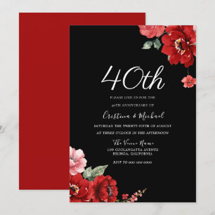 Invitation Romantique Ruby Red & Black Floral 40e Anniversair