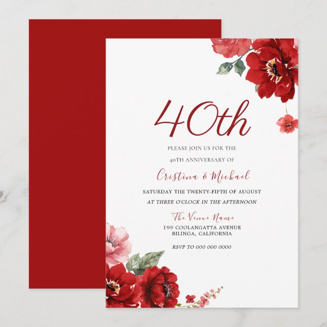 Invitation Romantique Ruby Red Floral 40e Anniversaire (Devant / Derrière)