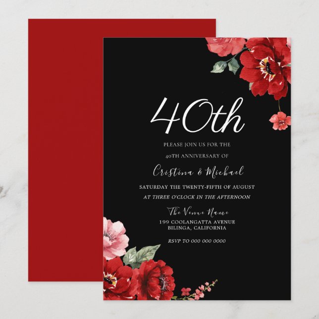 Invitation Romantique Ruby Rouge & Noir Floral 40e Anniversai (Devant / Derrière)