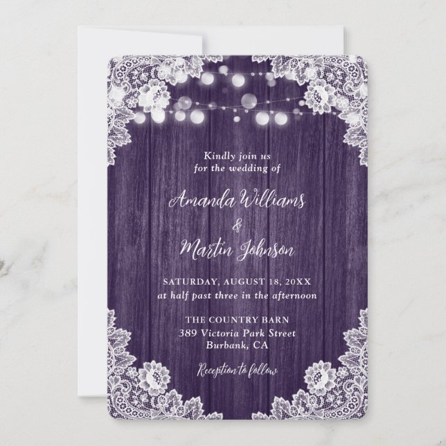Invitation Romantique Russe violet Mariage dentelle en bois (Devant)