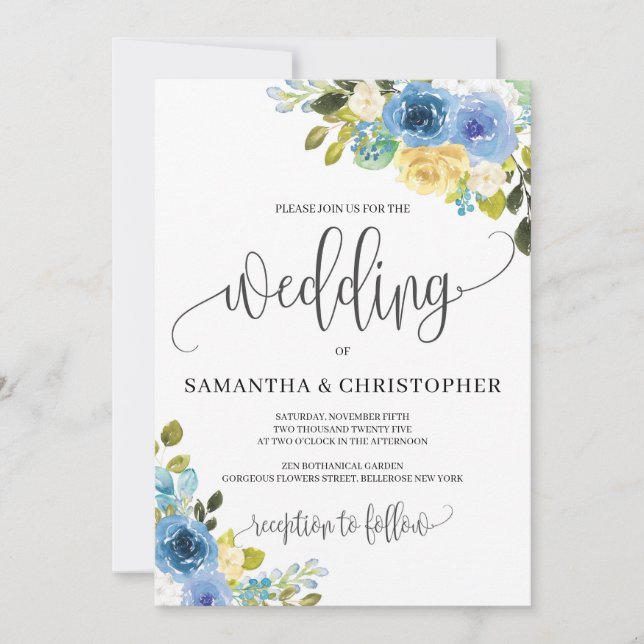 Invitation Romantique rustique bleu jaune fleuri mariage (Devant)