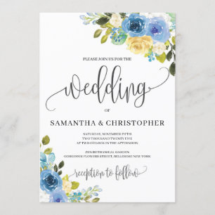 Invitation Romantique rustique bleu jaune fleuri mariage