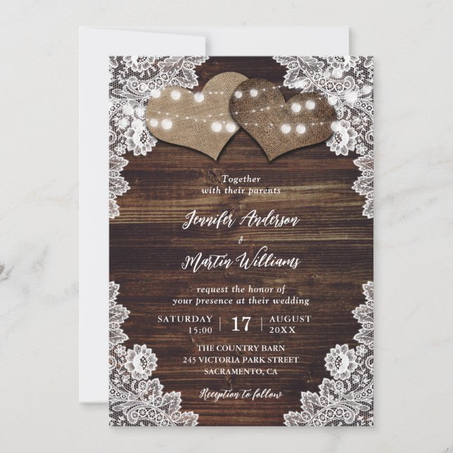 Invitation Romantique Rustique Bois Burlap et Mariage de dent (Devant)